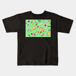 Halloween Treats on Bright Green Kids T-Shirt